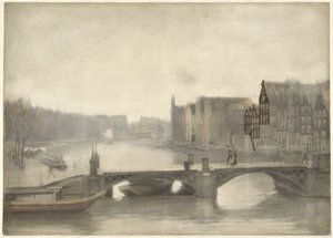 Gezicht op de Binnen-Amstel in de nevel door Willem Arnoldus Witsen