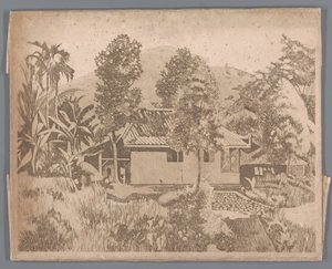 Huis met de vulkaan Salak(?) op de achtergrond, Buitenzorg
