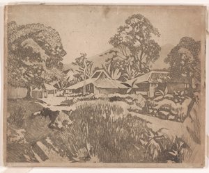 Huizen in de kampong met de vulkanen Salak en Gedeh op de achtergrond, Buitenzorg