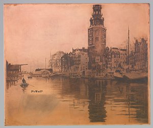 Oude Schans met Montelbaanstoren en roeiboot door Willem Arnoldus Witsen