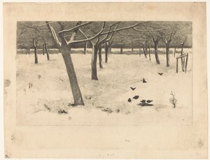 Besneeuwde boomgaard met vogels door Willem Arnoldus Witsen