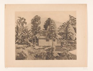 Woning in Bogor met een berg op de achtergrond door Willem Arnoldus Witsen