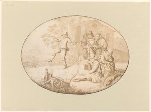 Elegant paar bezoekt een groep Roma door Willem de Heer