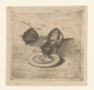 Twee katten, één drinkend uit een bord door Willem de Zwart