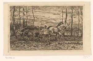 Wagen met hakhout getrokken door twee paarden door Willem de Zwart