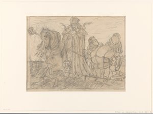 Sinterklaas met twee pieten op een dak door Willem van Konijnenburg
