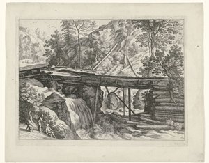 Berglandschap met houten aquaduct