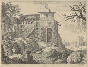 Italiaans landschap met een herberg door Willem van Nieulandt (II)