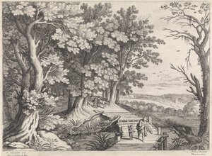 Landschap met Abraham en Isaak door Willem van Nieulandt (II)