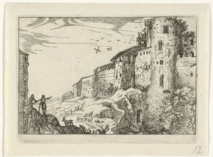 Landschap met Romeinse ruïne door Willem van Nieulandt (II)