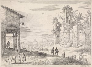Landschap met de barmhartige Samaritaan bij de herberg door Willem van Nieulandt (II)