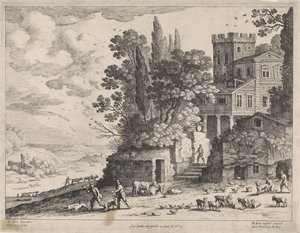 Landschap met een huis, figuren en vee door Willem van Nieulandt (II)
