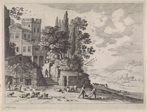 Landschap met een huis, figuren en vee door Willem van Nieulandt (II)