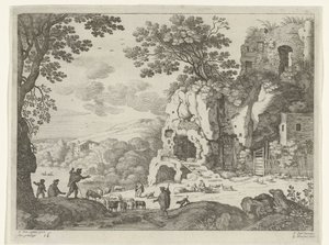 Landschap met een ruïne (Italiaanse landschappen) door Willem van Nieulandt (II)