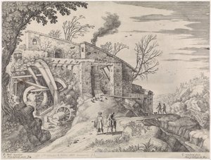 Landschap met een watermolen en de barmhartige Samaritaan door Willem van Nieulandt (II)