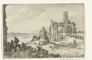 Ruïne met bogen en een toren aan het water door Willem van Nieulandt (II)