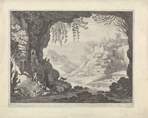 Uitzicht op landschap vanuit grot door Willem van Nieulandt (II)
