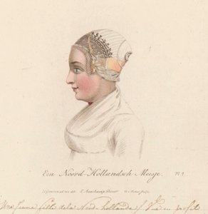 Hoofddracht van een meisje uit Noord-Holland, 1816