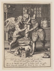 Een man en de duivel vullen een zak met geld en zetten een standbeeld van hoop op, uit Allegorie op het misbruik van wereldse bezittingen