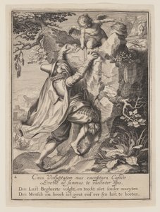 Een jonge man beklimt een heuvel, geholpen door Cupido, uit Allegorie op het misbruik van wereldse bezittingen