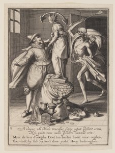 De dood met een pijl die op het punt staat de mens neer te halen, uit Allegorie op het misbruik van wereldse bezittingen