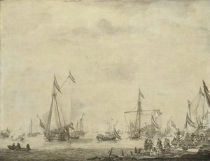Koninklijk jacht en staatsjacht varen uit Moerdijk met Karel II, koning van Engeland, aan boord, 1660