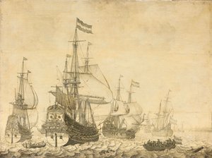 Zeegezicht met Nederlandse Oorlogsschepen waaronder de Drenthe en de Prins Frederik-Hendrik