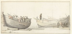 Studie van twee vissersboten met figuren door Willem van de Velde (II) (attributed to)