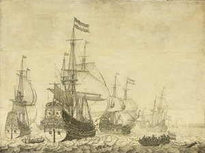 Zeegezicht met Nederlandse Oorlogsschepen inclusief de Drenthe en de Prins Frederik-Hendrik, ca. 1670
