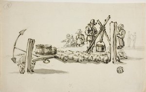 Mannen met kanonnen, vaatjes buskruit en een anker door Willem van de Velde I