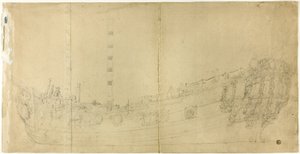 Scheepsbouwtekening voor Nederlands galjoen door Willem van de Velde I