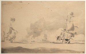 Een Nederlands schip achtervolgt een Engels schip door Willem van de Velde the Younger