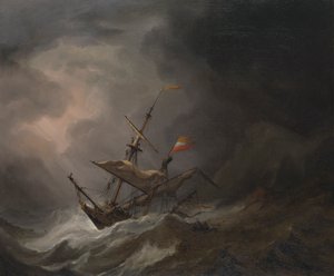 Een Middellandse Zee Brigantijn die op een rotsachtige kust drijft in een storm, ca. 1700 door Willem van de Velde the Younger