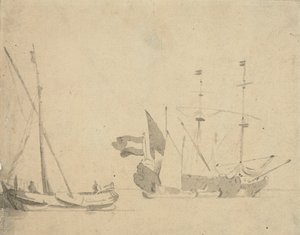 Een boeier aan een pier en een Nederlands schip voor anker door Willem van de Velde the Younger