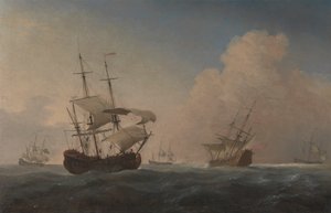 Engelse oorlogsschepen hellend in de bries offshore