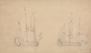 Achteraanzicht van een vlaggenschip in lichte wind en vergelijkbaar uitzicht van een ander door Willem van de Velde the Younger