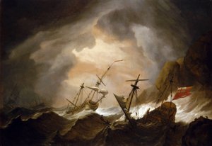 Twee Britse schepen vergaan in de storm nabij een rotsachtige kust. Olieverf op doek, rond 1700, door Willem van de Velde (1633-1707) door Willem van de Velde the Younger