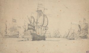 Een Nederlandse eskader vormt een gevechtslinie, mei 1672?, ca. 1672 door Willem van de the Elder Velde