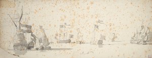 Een staatsjacht en Nederlandse schepen voor anker, ca. 1664 door Willem van de the Elder Velde