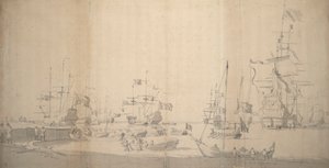 Een weyschuit wordt aan wal getrokken in een drukke haven, ca. 1672