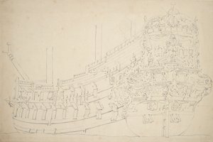 Een Amsterdams schip, mogelijk een Oostindiëvaarder, met ongeveer 50 kanonnen, ca. 1670 door Willem van de the Elder Velde