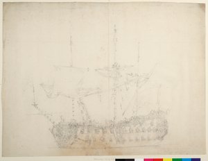 Een Engels derdeklas 60-kanonsschip gezien vanaf de bakboeg, ca. 1673