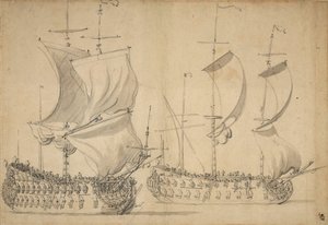 Een Engelse derde rang en vierde rang onder gemakkelijke zeil, circa 1677