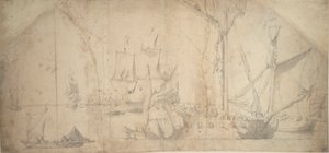 Een Engelse jacht voor anker zeil inrollen door Willem van de the Elder Velde