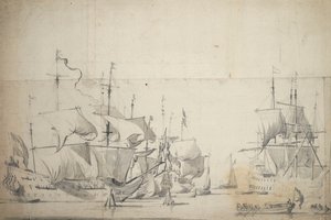 Nederlandse gevechtsschepen drogen zeilen, c.1658 door Willem van de the Elder Velde
