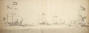 Nederlandse vlaggenschepen voor anker met boten ernaast, c.1664