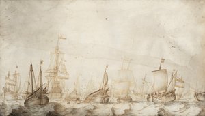 Nederlandse haringvissersschepen in de Noordzee door Willem van de the Elder Velde