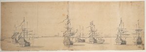 Nederlandse schepen voor anker bij een lage kust, ca. 1658