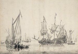 Zeilboten en een Nederlandse fregat die zijn zeilen droogt. Tekening en was door William van de Velde de Oude (ca. 1611-1693), circa 1665.