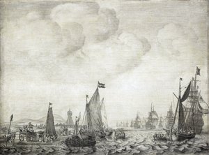 Handelsschepen naar het Oosten en hun escorte, vertrekkend uit Vlie (of Vliestroom), maritieme route tussen de eilanden Vlieland en Terschelling (Nederland), 9 juni 1645 door Willem van de the Elder Velde